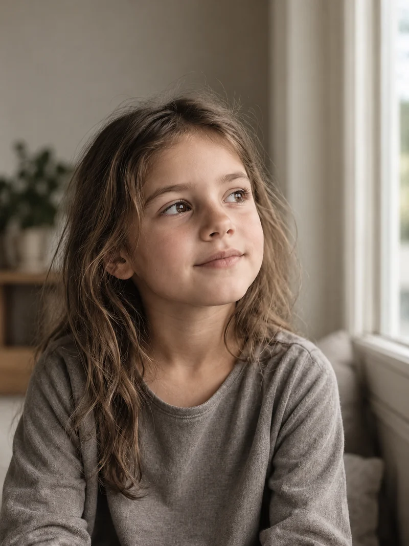 Portrait of a child looking towards soft window light